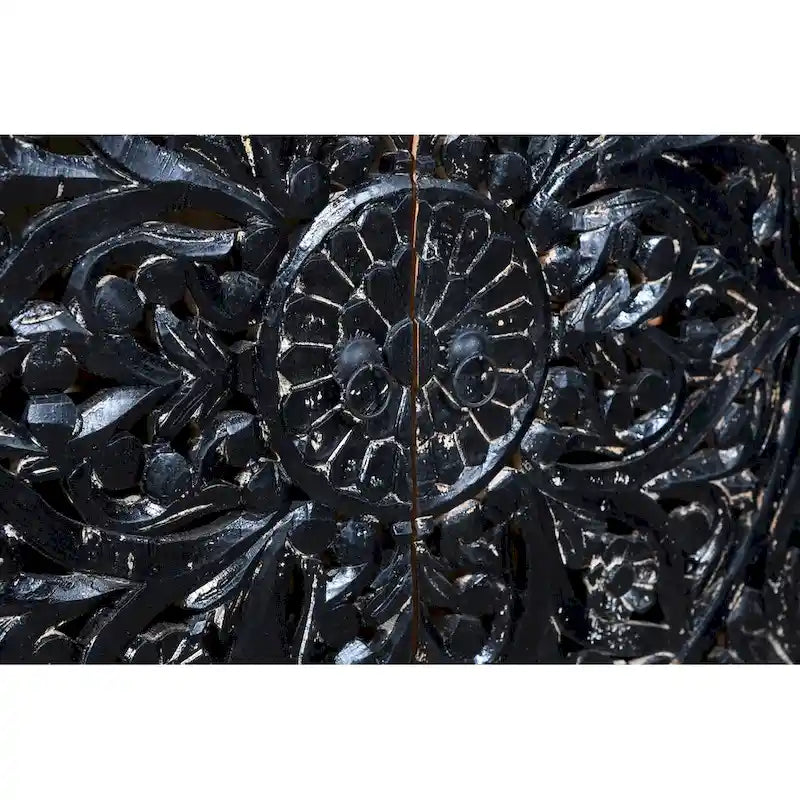Buffet en bois recyclé noir sculpté à la main avec 4 portes et tiroirs
