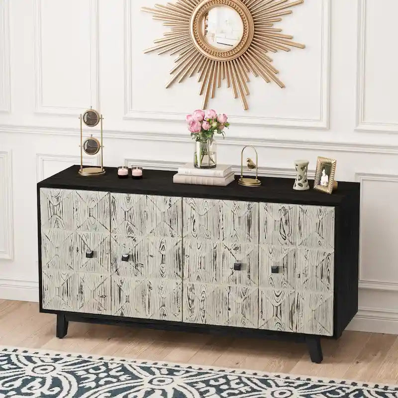Bahut vintage 4 portes brun/noir avec portes à relief 3D, poignées en métal et pieds en pin, 152 cm de large