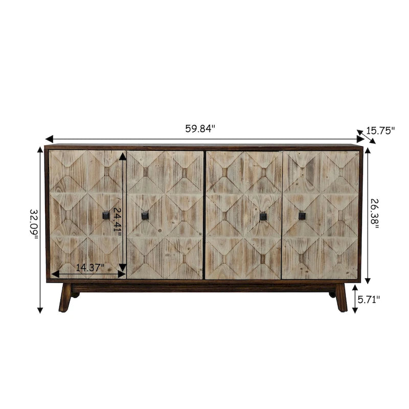 Bahut vintage 4 portes brun/noir avec portes à relief 3D, poignées en métal et pieds en pin, 152 cm de large