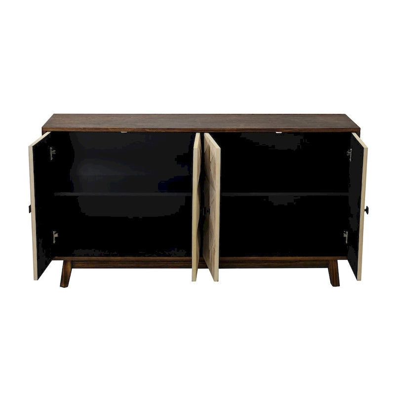 Bahut vintage 4 portes brun/noir avec portes à relief 3D, poignées en métal et pieds en pin, 152 cm de large