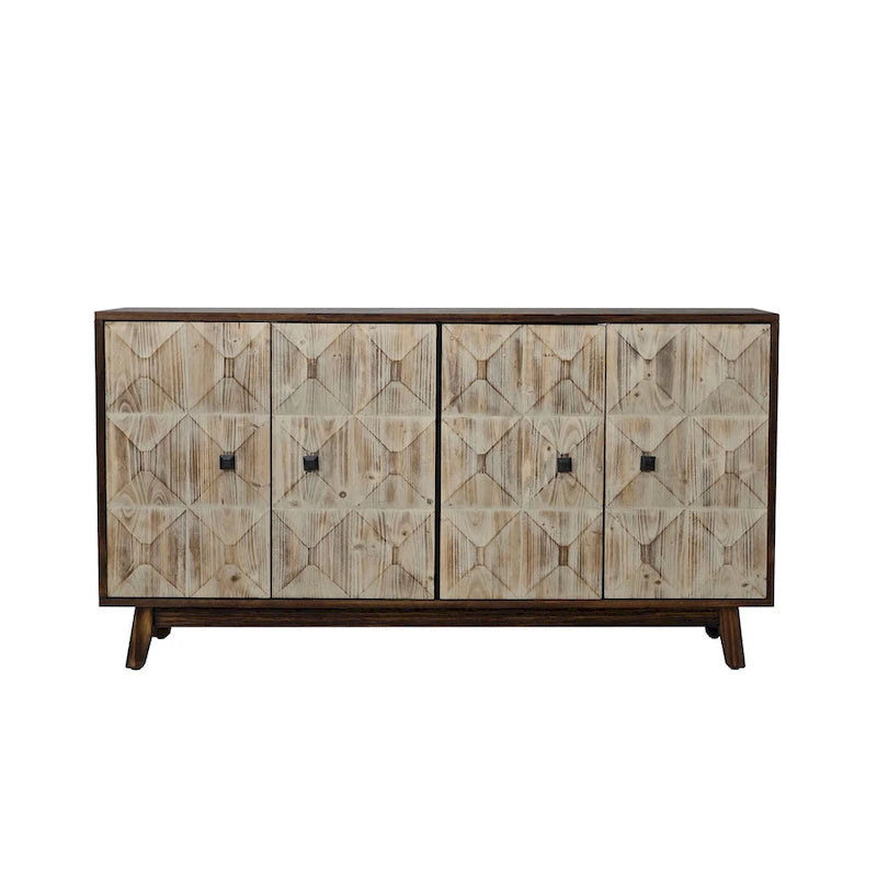 Bahut vintage 4 portes brun/noir avec portes à relief 3D, poignées en métal et pieds en pin, 152 cm de large