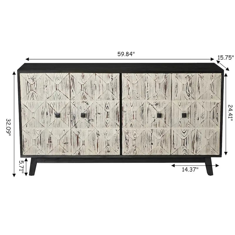 Bahut vintage 4 portes brun/noir avec portes à relief 3D, poignées en métal et pieds en pin, 152 cm de large
