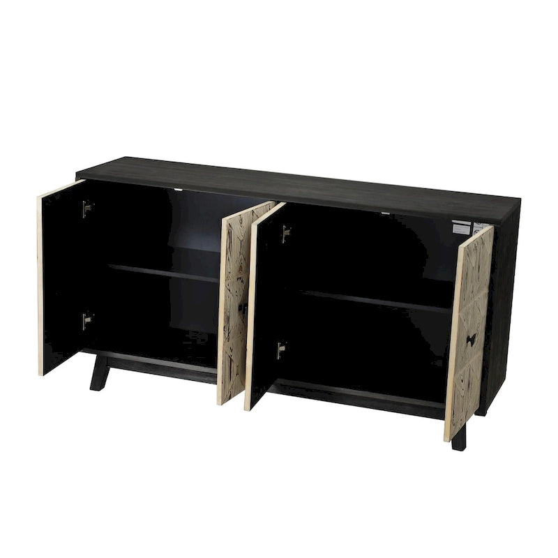 Bahut vintage 4 portes brun/noir avec portes à relief 3D, poignées en métal et pieds en pin, 152 cm de large