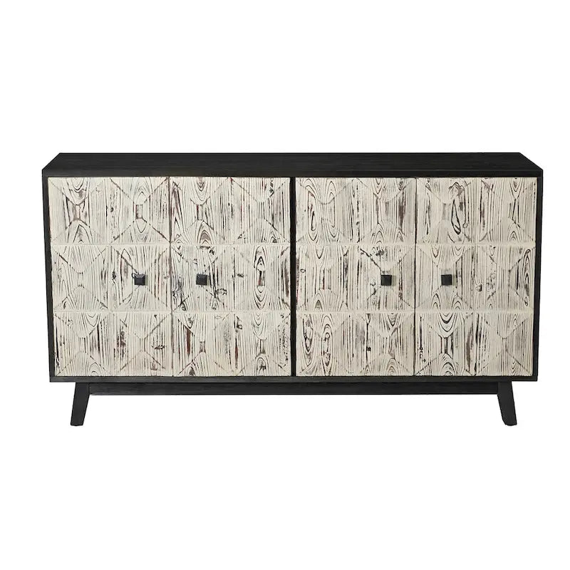 Bahut vintage 4 portes brun/noir avec portes à relief 3D, poignées en métal et pieds en pin, 152 cm de large