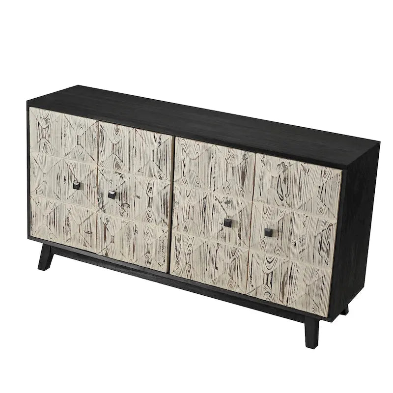 Bahut vintage 4 portes brun/noir avec portes à relief 3D, poignées en métal et pieds en pin, 152 cm de large
