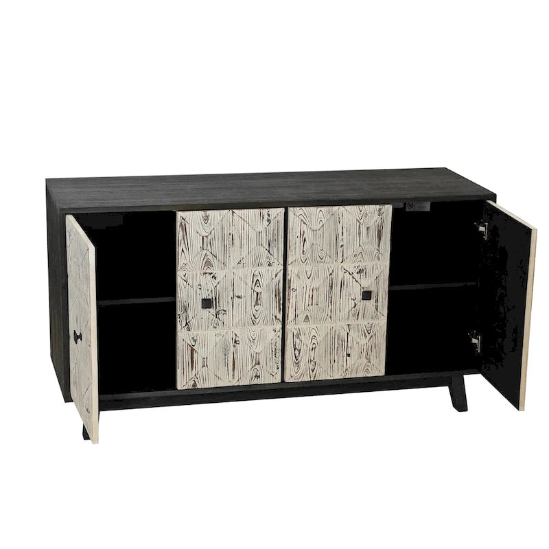 Bahut vintage 4 portes brun/noir avec portes à relief 3D, poignées en métal et pieds en pin, 152 cm de large