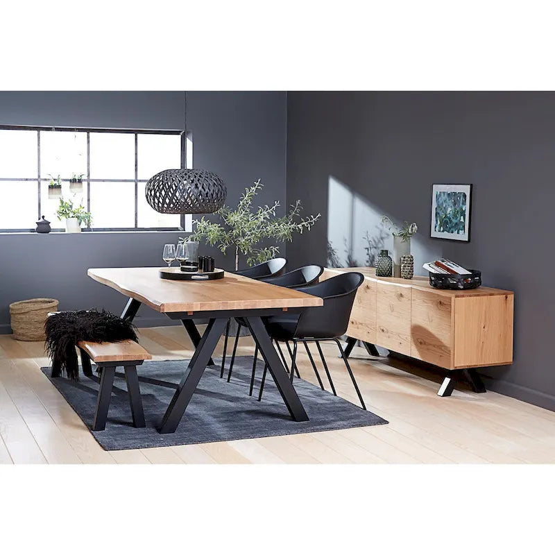 Table à manger Chêne Sauvage / Bord Ondulé Noir, MDF et Bois de Bouleau, Piétement en Acier Noir, 6-8 Places