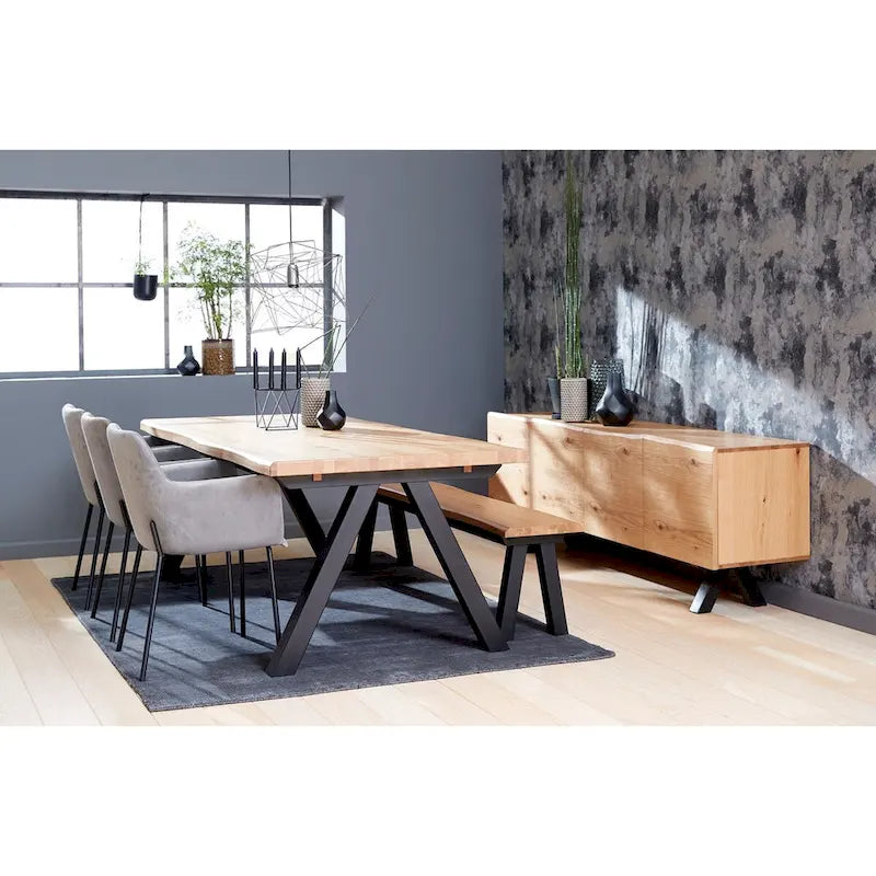 Table à manger Chêne Sauvage / Bord Ondulé Noir, MDF et Bois de Bouleau, Piétement en Acier Noir, 6-8 Places