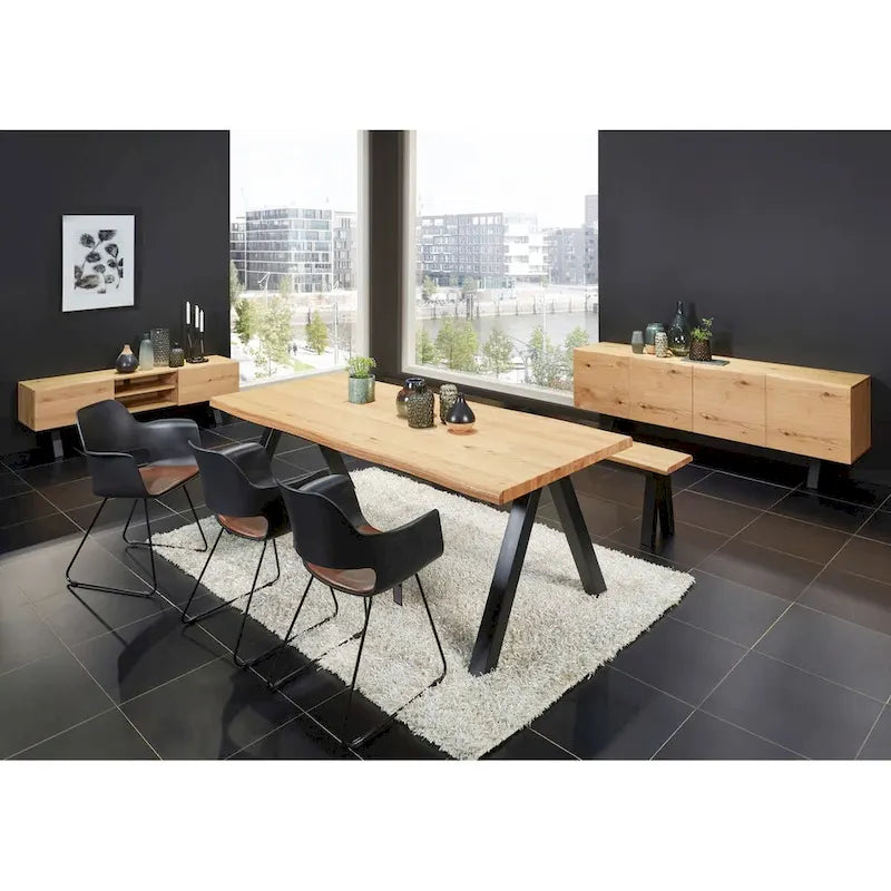 Table à manger Chêne Sauvage / Bord Ondulé Noir, MDF et Bois de Bouleau, Piétement en Acier Noir, 6-8 Places