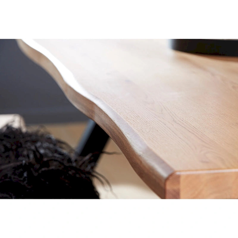 Table à manger Chêne Sauvage / Bord Ondulé Noir, MDF et Bois de Bouleau, Piétement en Acier Noir, 6-8 Places