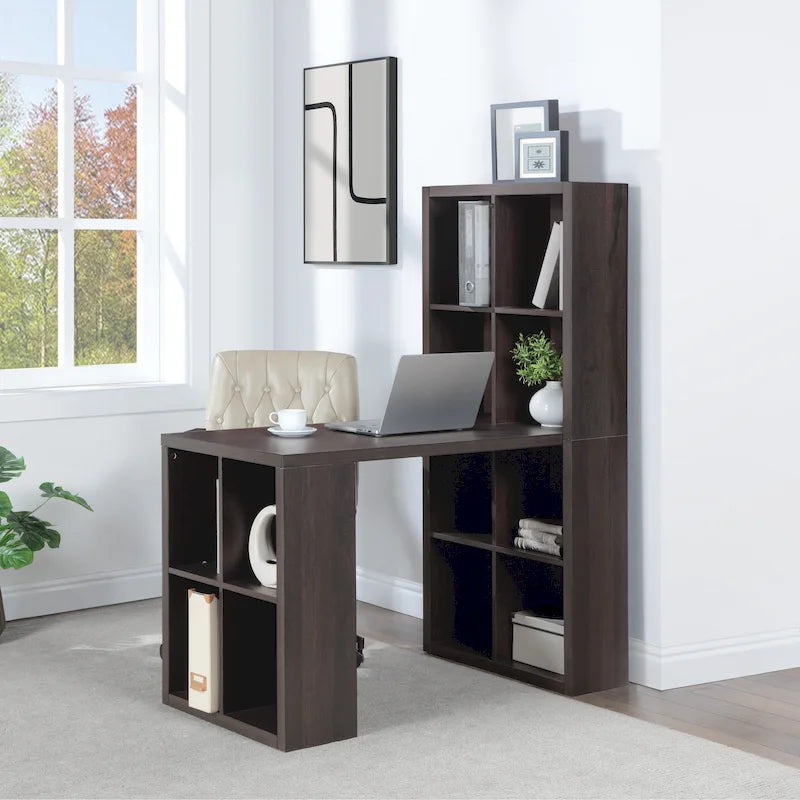 Bureau Mocha 48" avec bibliothèque double et 12 casiers de rangement, 1 place