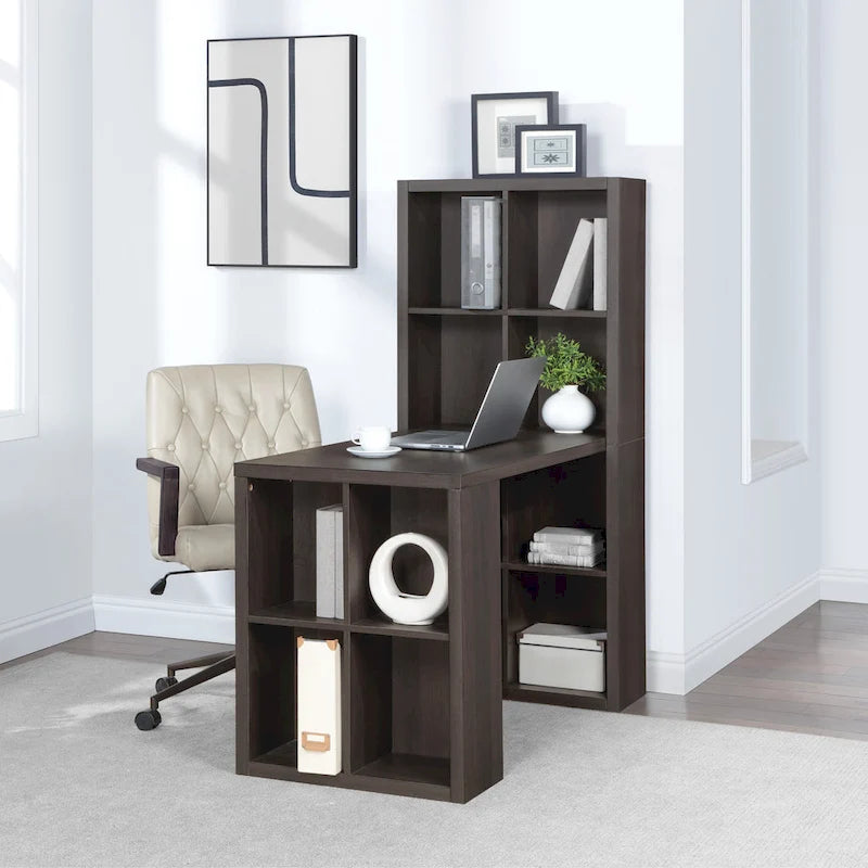 Bureau Mocha 48" avec bibliothèque double et 12 casiers de rangement, 1 place