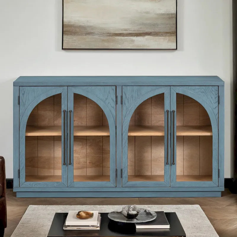 Buffet rétro 4 portes bleu marine/noir avec portes en verre arquées, poignées en métal et étagères réglables, 60 po de large