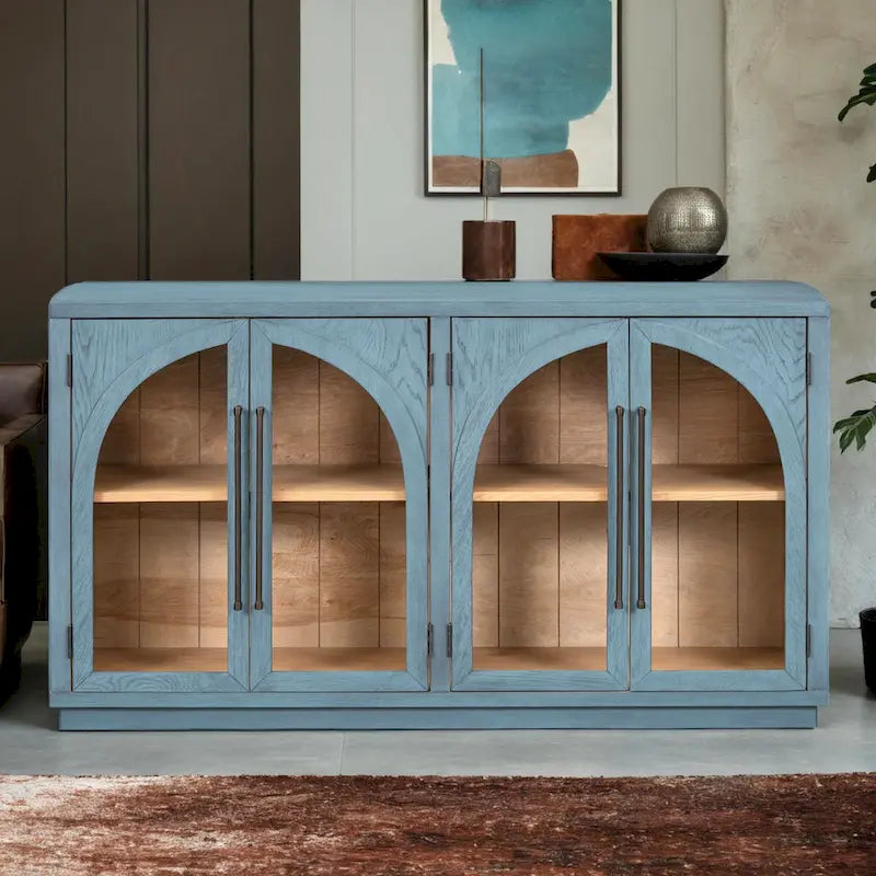 Buffet rétro 4 portes bleu marine/noir avec portes en verre arquées, poignées en métal et étagères réglables, 60 po de large