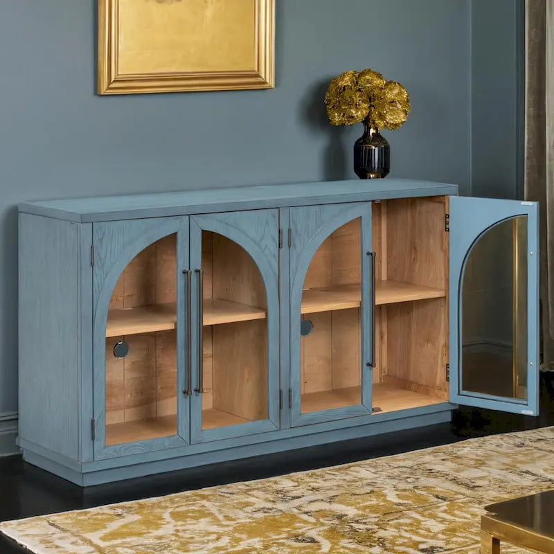 Buffet rétro 4 portes bleu marine/noir avec portes en verre arquées, poignées en métal et étagères réglables, 60 po de large