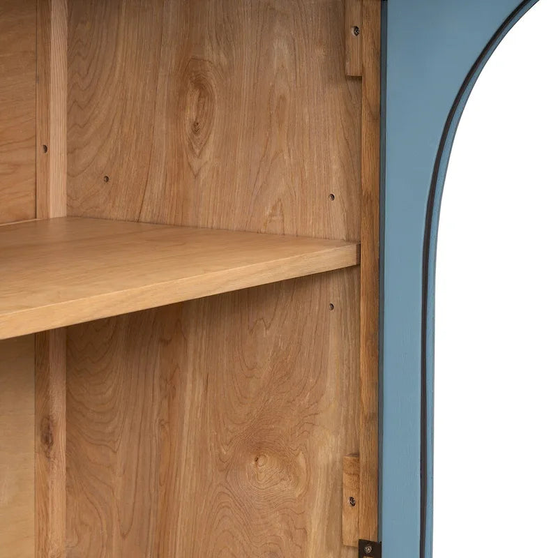 Buffet rétro 4 portes bleu marine/noir avec portes en verre arquées, poignées en métal et étagères réglables, 60 po de large