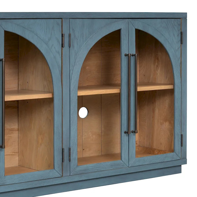 Buffet rétro 4 portes bleu marine/noir avec portes en verre arquées, poignées en métal et étagères réglables, 60 po de large