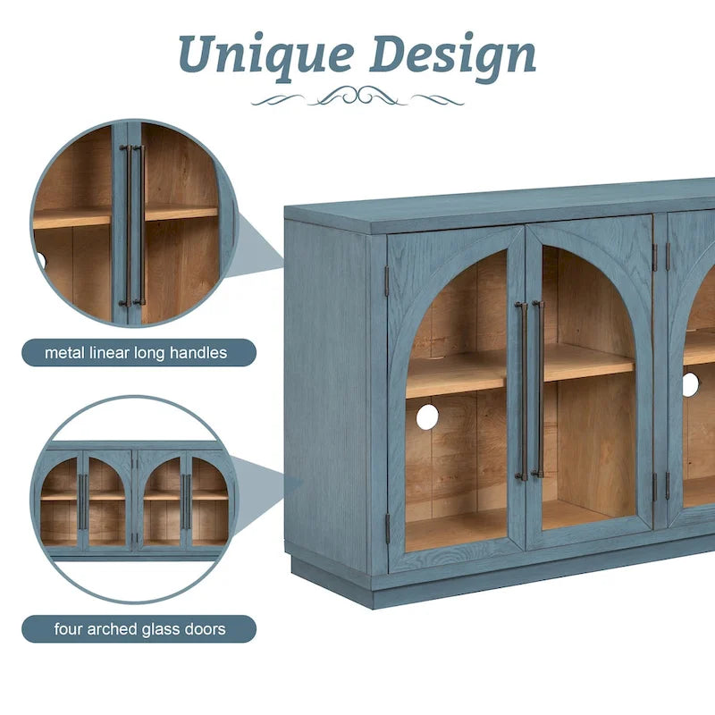 Buffet rétro 4 portes bleu marine/noir avec portes en verre arquées, poignées en métal et étagères réglables, 60 po de large