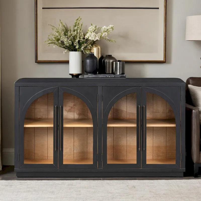 Buffet rétro 4 portes bleu marine/noir avec portes en verre arquées, poignées en métal et étagères réglables, 60 po de large