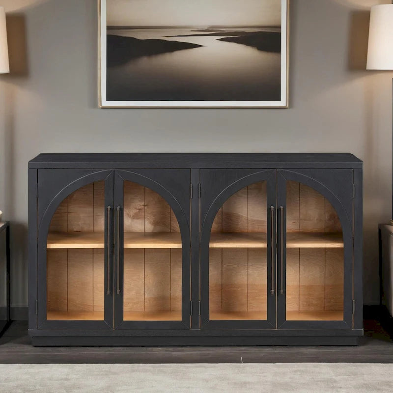 Buffet rétro 4 portes bleu marine/noir avec portes en verre arquées, poignées en métal et étagères réglables, 60 po de large