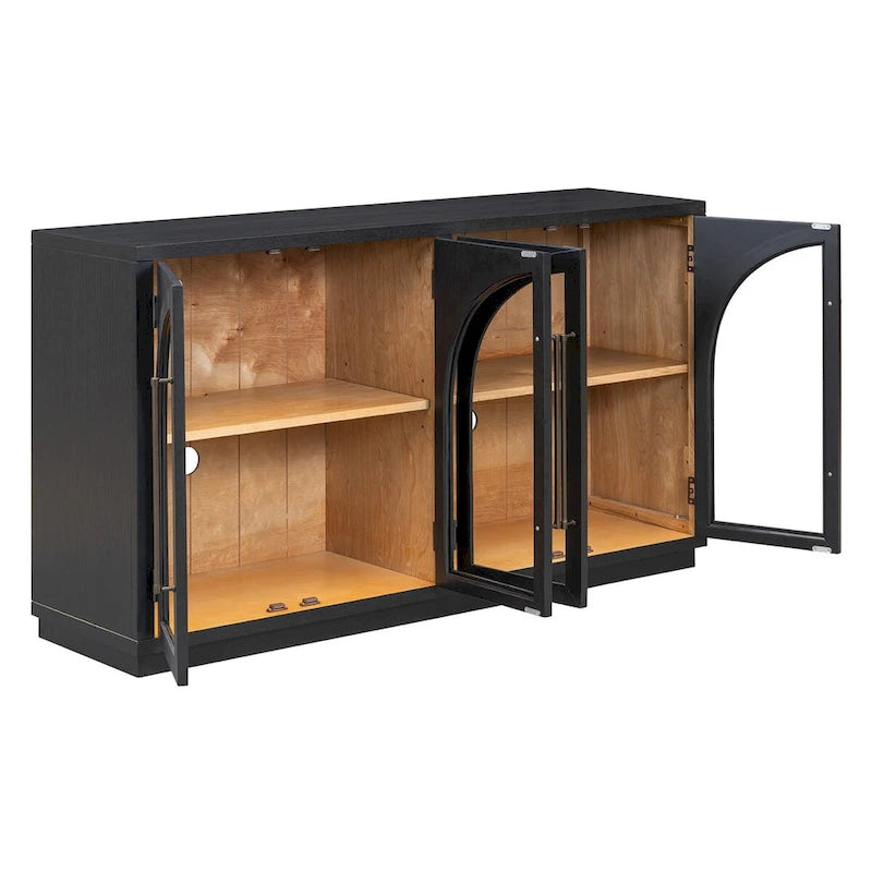 Buffet rétro 4 portes bleu marine/noir avec portes en verre arquées, poignées en métal et étagères réglables, 60 po de large