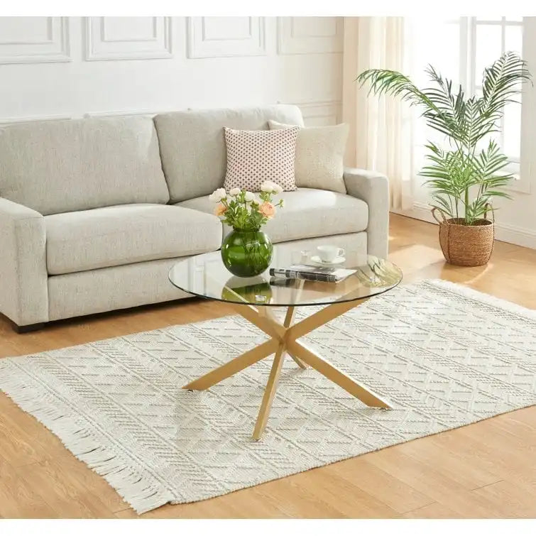 Table basse ronde à plateau en verre trempé, couleur or/argent/noir, avec pieds tubulaires en métal