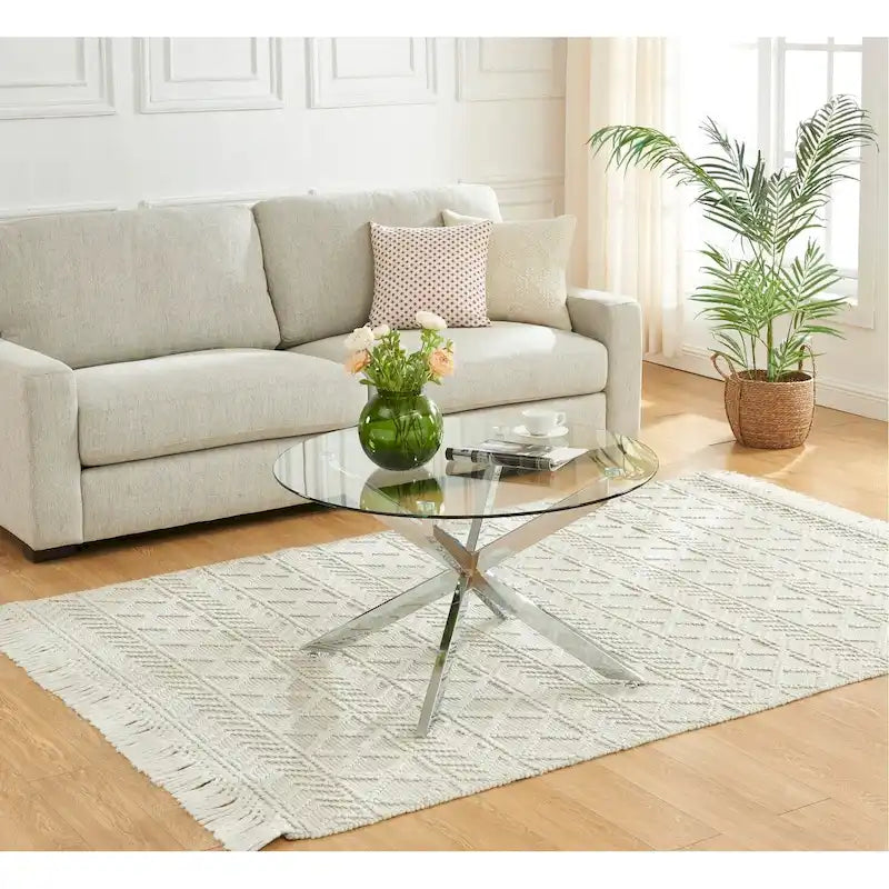 Table basse ronde à plateau en verre trempé, couleur or/argent/noir, avec pieds tubulaires en métal