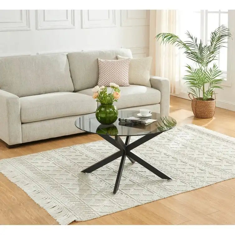 Table basse ronde à plateau en verre trempé, couleur or/argent/noir, avec pieds tubulaires en métal