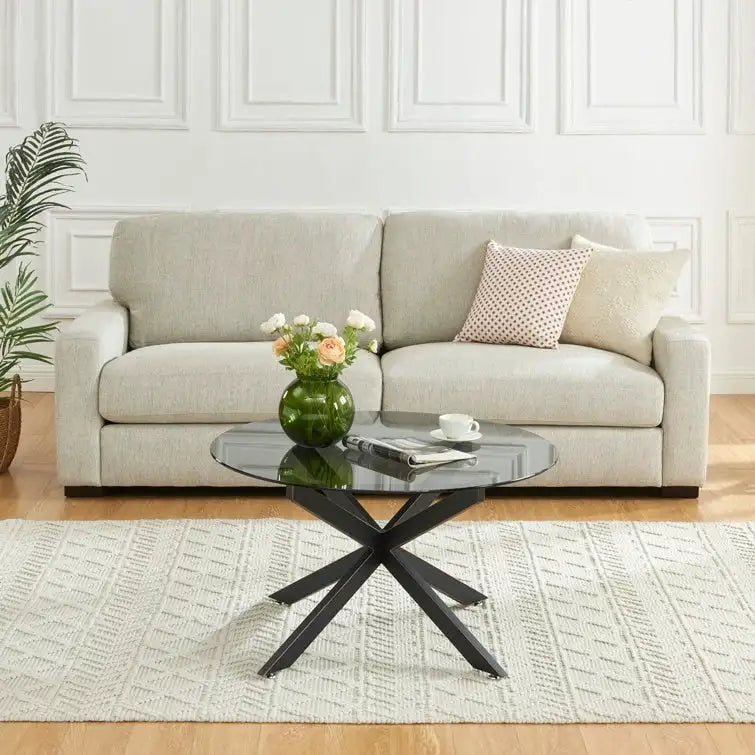 Table basse ronde à plateau en verre trempé, couleur or/argent/noir, avec pieds tubulaires en métal