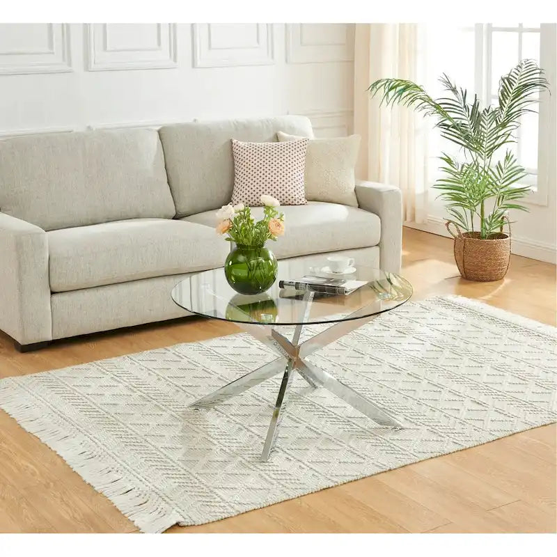 Table basse ronde à plateau en verre trempé, couleur or/argent/noir, avec pieds tubulaires en métal