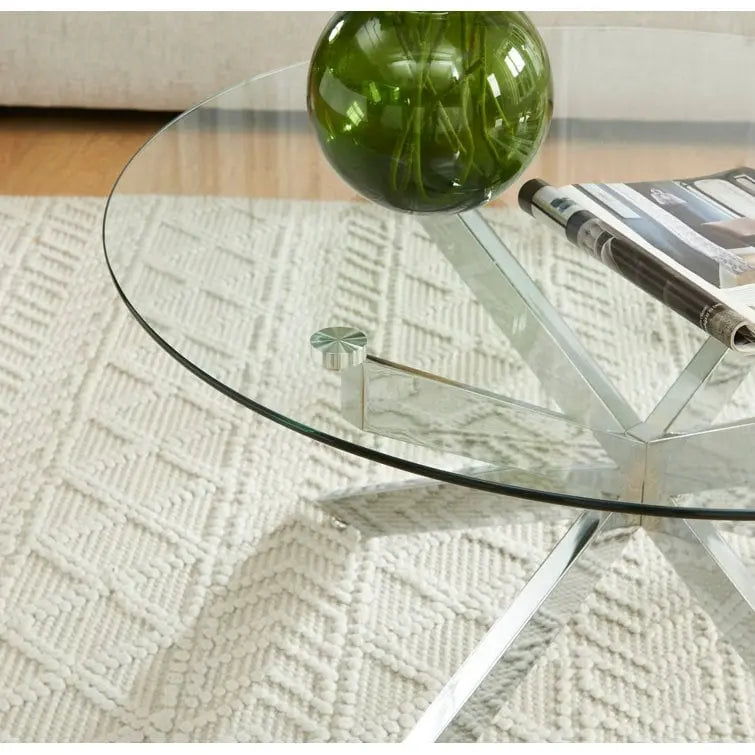Table basse ronde à plateau en verre trempé, couleur or/argent/noir, avec pieds tubulaires en métal