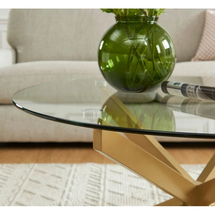 Table basse ronde à plateau en verre trempé, couleur or/argent/noir, avec pieds tubulaires en métal