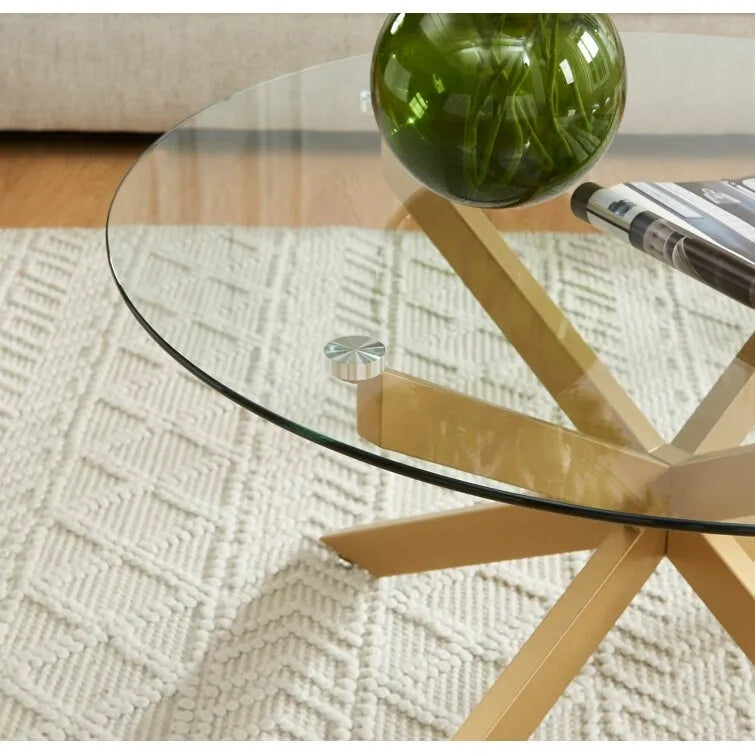 Table basse ronde à plateau en verre trempé, couleur or/argent/noir, avec pieds tubulaires en métal