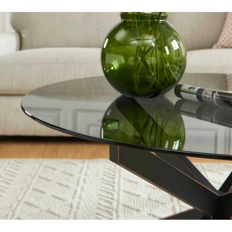 Table basse ronde à plateau en verre trempé, couleur or/argent/noir, avec pieds tubulaires en métal