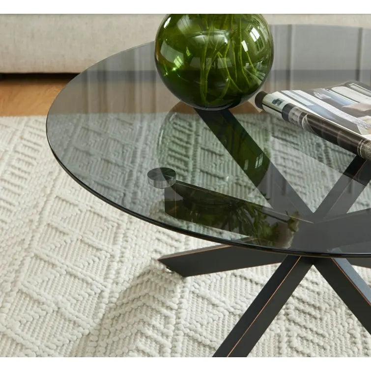 Table basse ronde à plateau en verre trempé, couleur or/argent/noir, avec pieds tubulaires en métal