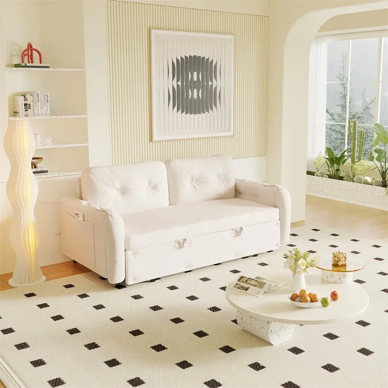 Canapé-lit convertible Queen-Size en velours beige/noir avec vérin hydraulique et pochette latérale de rangement, 2-3 places