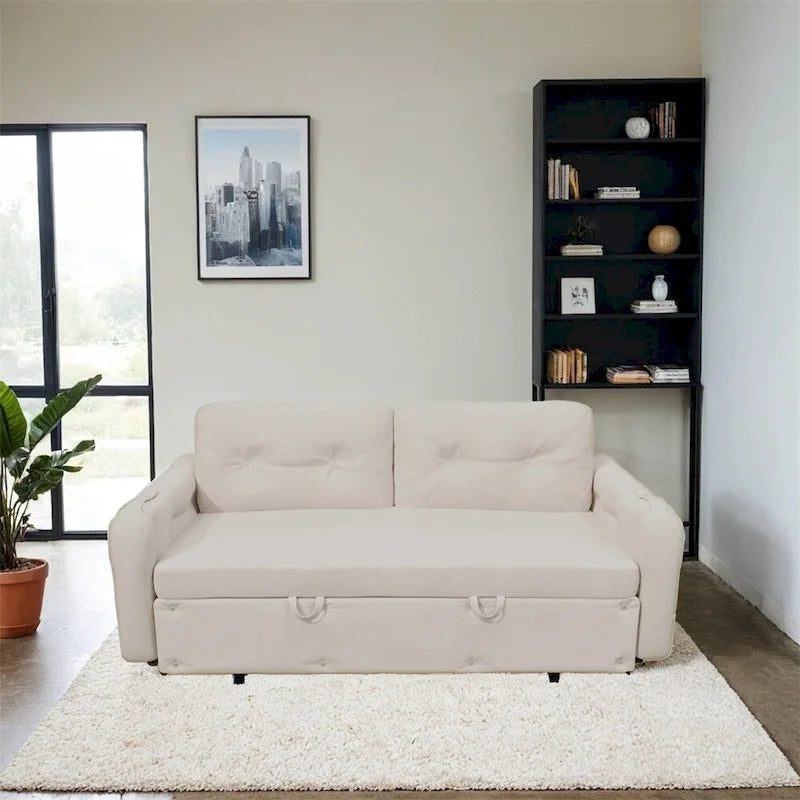 Canapé-lit convertible Queen-Size en velours beige/noir avec vérin hydraulique et pochette latérale de rangement, 2-3 places