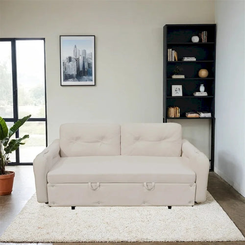 Canapé-lit convertible Queen-Size en velours beige/noir avec vérin hydraulique et pochette latérale de rangement, 2-3 places