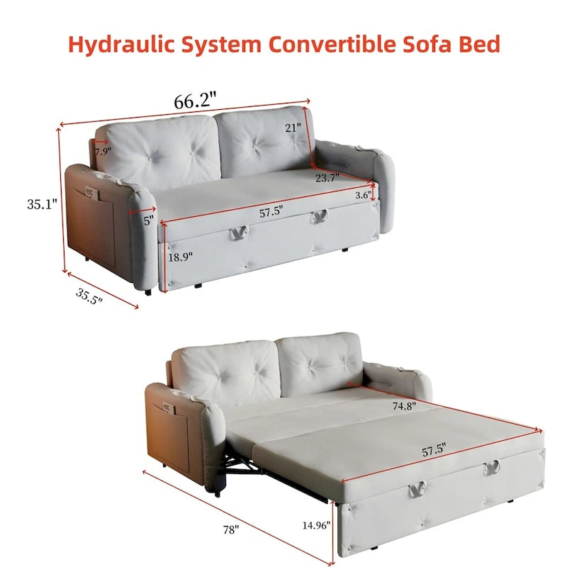 Canapé-lit convertible Queen-Size en velours beige/noir avec vérin hydraulique et pochette latérale de rangement, 2-3 places