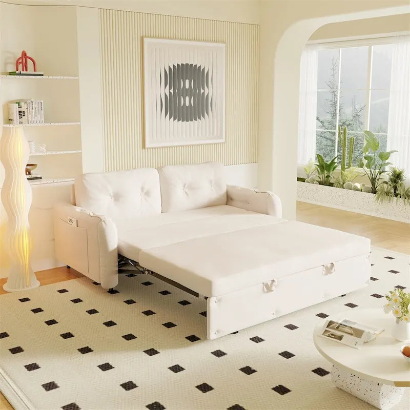 Canapé-lit convertible Queen-Size en velours beige/noir avec vérin hydraulique et pochette latérale de rangement, 2-3 places