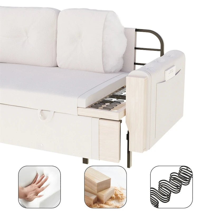 Canapé-lit convertible Queen-Size en velours beige/noir avec vérin hydraulique et pochette latérale de rangement, 2-3 places
