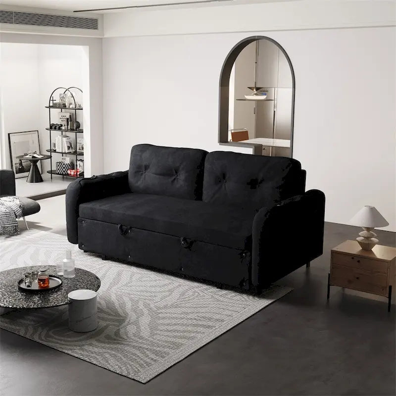 Canapé-lit convertible Queen-Size en velours beige/noir avec vérin hydraulique et pochette latérale de rangement, 2-3 places