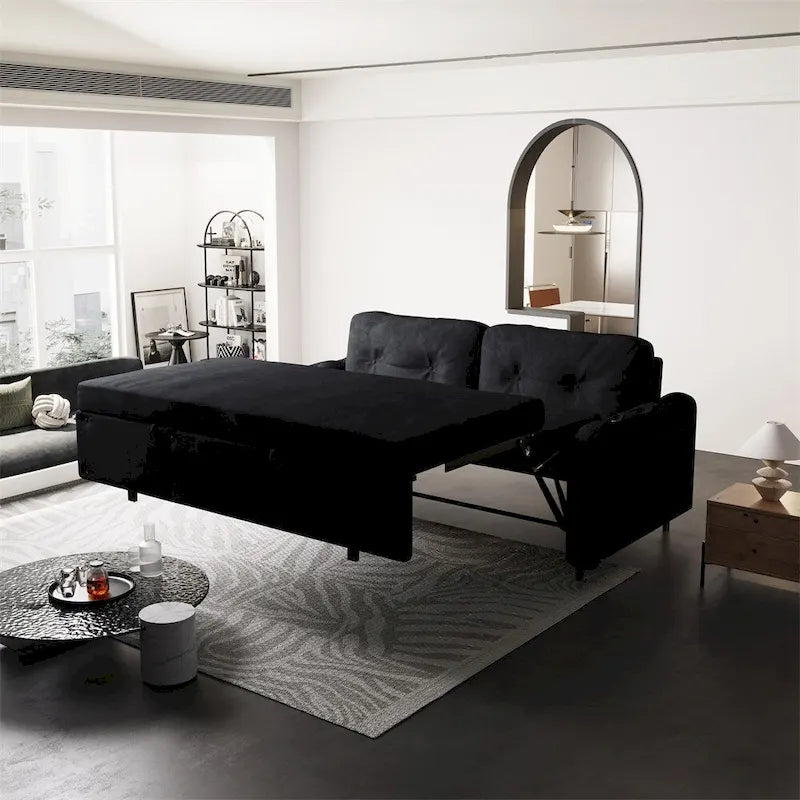 Canapé-lit convertible Queen-Size en velours beige/noir avec vérin hydraulique et pochette latérale de rangement, 2-3 places