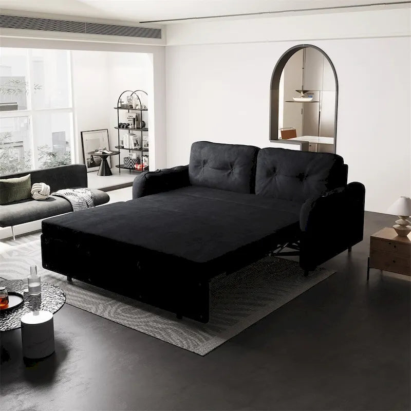 Canapé-lit convertible Queen-Size en velours beige/noir avec vérin hydraulique et pochette latérale de rangement, 2-3 places