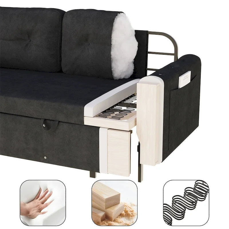 Canapé-lit convertible Queen-Size en velours beige/noir avec vérin hydraulique et pochette latérale de rangement, 2-3 places