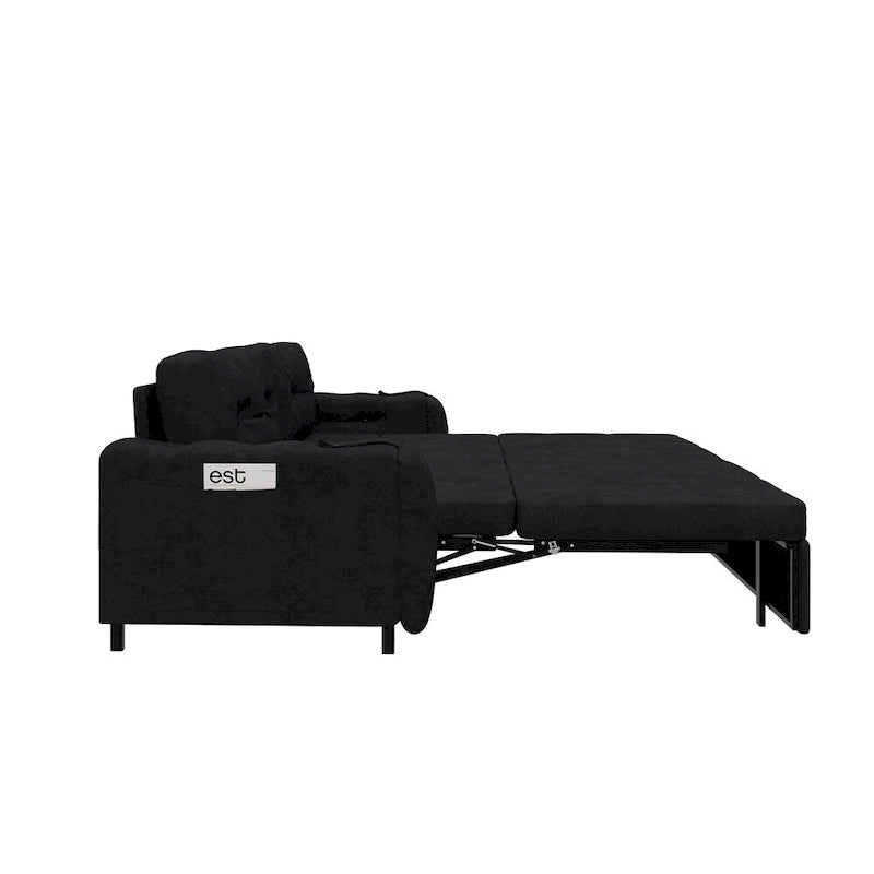 Canapé-lit convertible Queen-Size en velours beige/noir avec vérin hydraulique et pochette latérale de rangement, 2-3 places