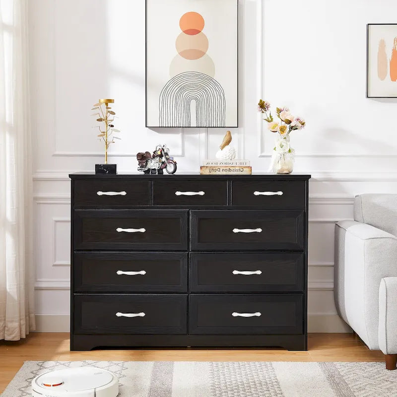 Commode longue à 9 tiroirs noire/blanche avec poignées antiques, style porte de grange, bois composite