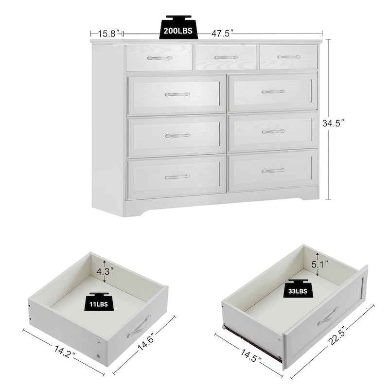 Commode longue à 9 tiroirs noire/blanche avec poignées antiques, style porte de grange, bois composite