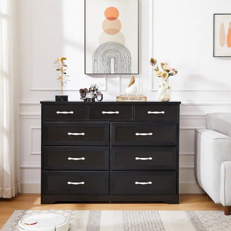 Commode longue à 9 tiroirs noire/blanche avec poignées antiques, style porte de grange, bois composite