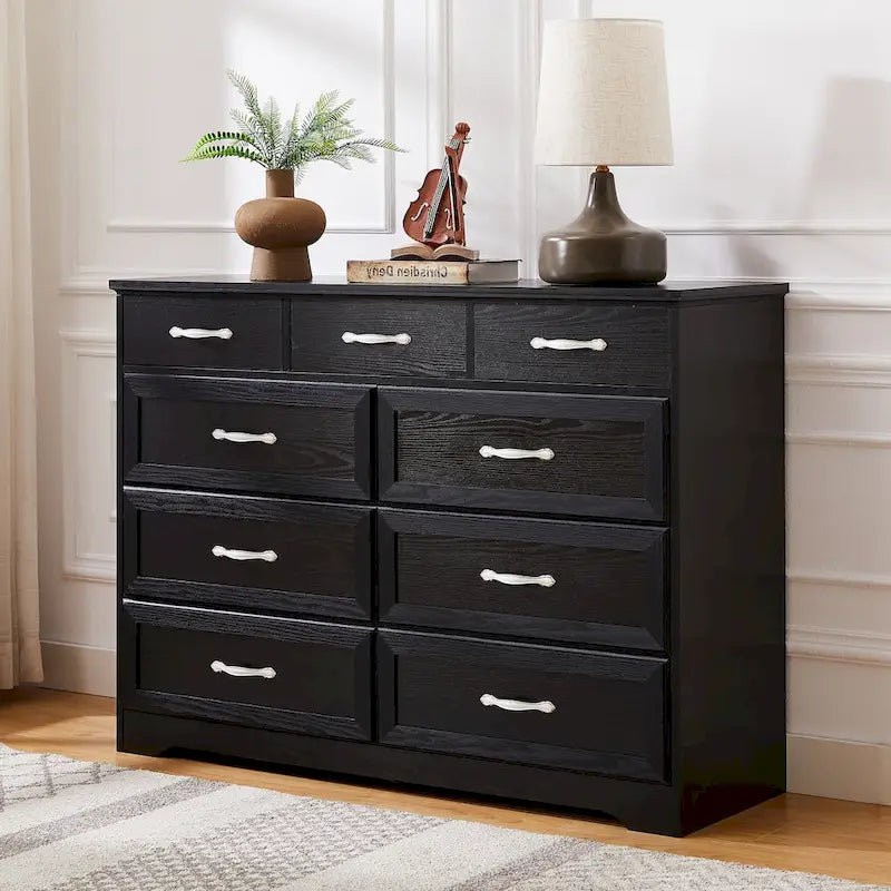 Commode longue à 9 tiroirs noire/blanche avec poignées antiques, style porte de grange, bois composite